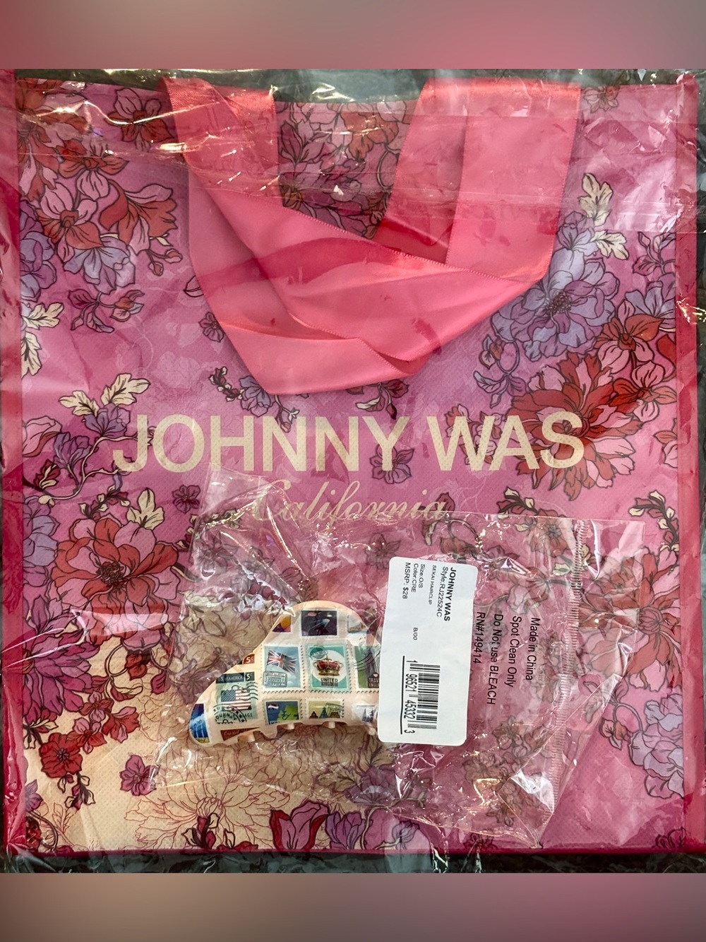 Johnny Was Bundle- Pink California Tote & Hair Claw Clip with Postage Stamps NEW